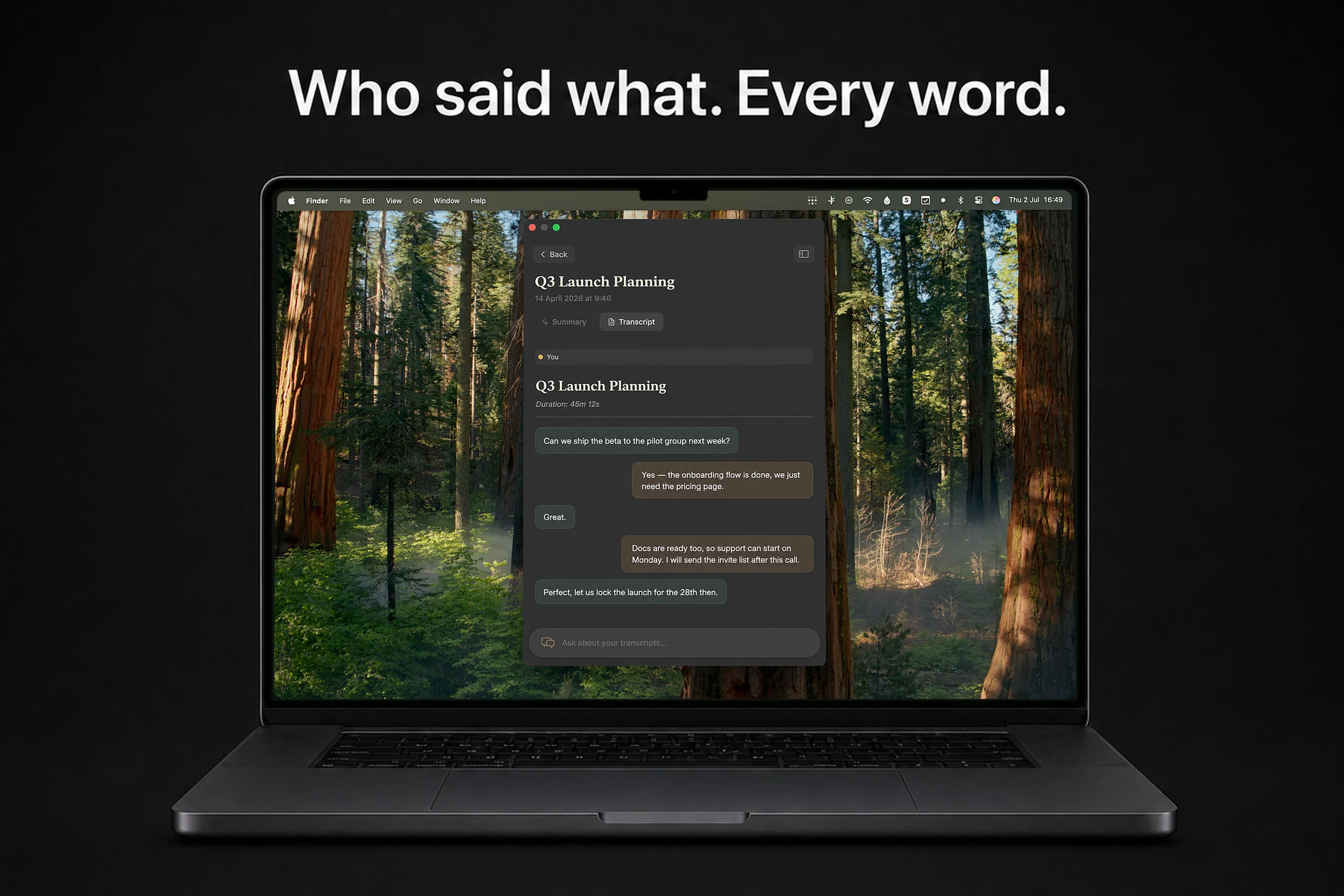 Scribe transcript view — speaker-separated conversation bubbles