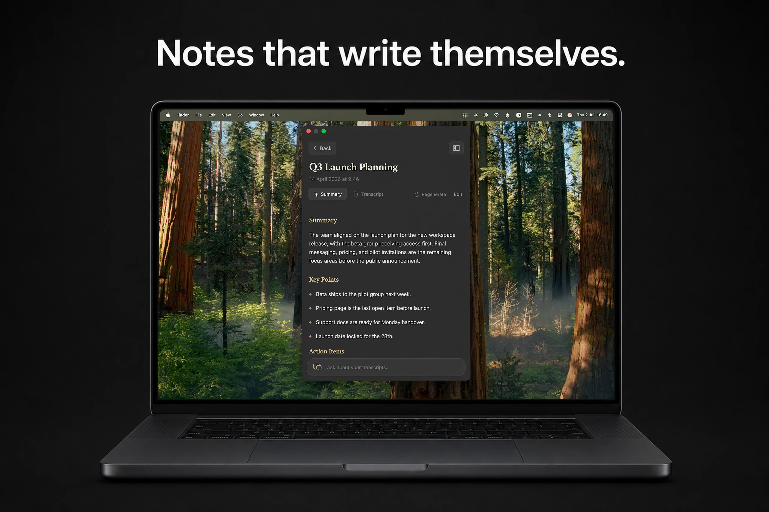 Scribe summary — key points and action items generated from a meeting