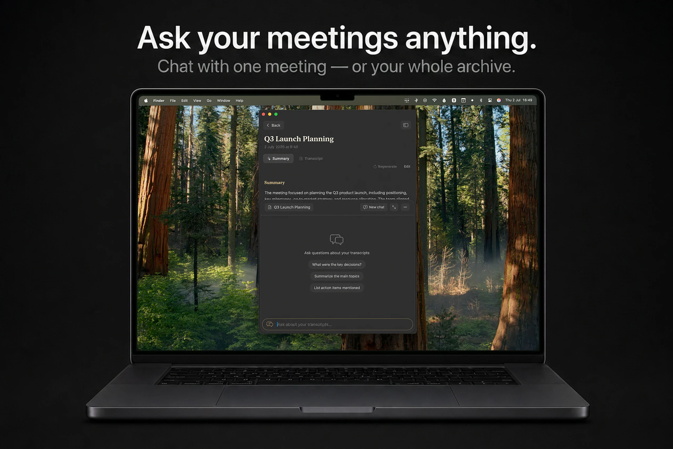 Scribe chat — ask questions about one meeting or your whole archive
